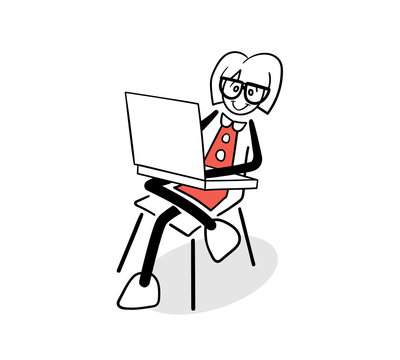 Cute cartoon businesswoman using laptop