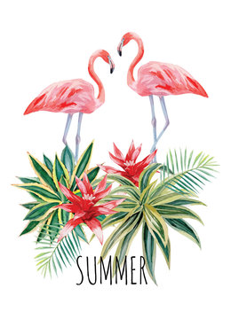 flamingo and tropical plants watercolor print