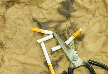 Scissors are cutting a cigarette