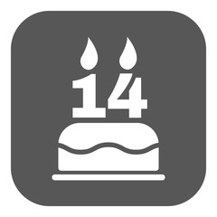 The birthday cake with candles in the form of number 14 icon. Birthday symbol. Flat