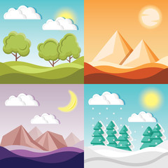 4 cartoon nature backgrounds and landscapes with different seasons