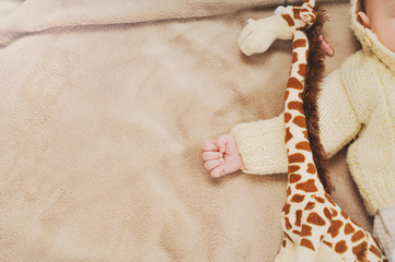 Fototapeta na wymiar close up little hand of sleeping cute newborn baby and his toy