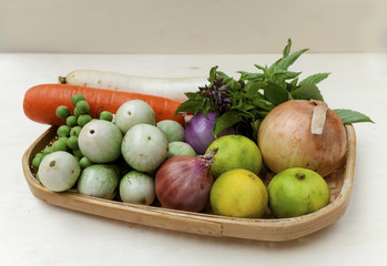 Closeup Fresh vegetables basket on wood background