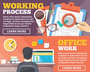 Working process, office work flat illustration concepts set