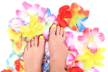 Obraz na płótnie Canvas women feets and flowers (pedicure tbackground)