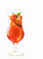 Glass with fresh lemonade on white background