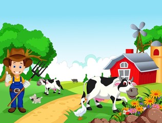 Obraz na płótnie Canvas Farm background with farmer and animals