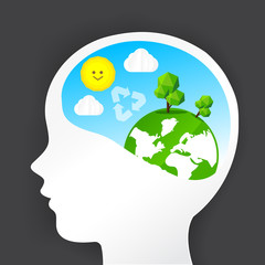 Eco thinking, head icon and nature ecology concept
