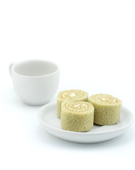 Yam roll cake on white background