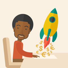 Black guy is happy to start up a new business.