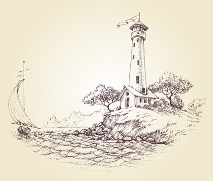 Lighthouse vector drawing, seascape and sailboat at sea, travel