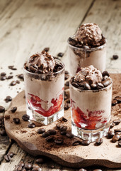 Delicious coffee and chocolate ice cream with strawberries, sele