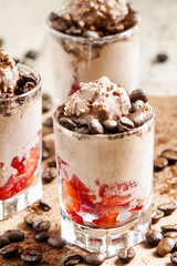 Delicious coffee and chocolate ice cream with strawberries, sele