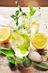 Refreshing cold iced mint tea with lemons, summer drink with ice