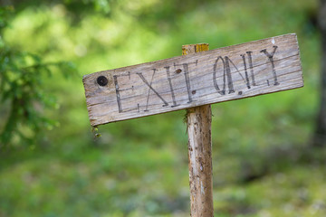 Wooden exit only sign in the woods