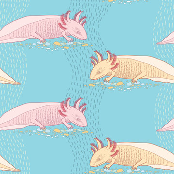 Seamless pattern with cute Mexican axolotl