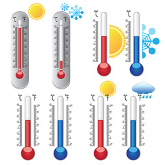 Thermometers with weather icons.