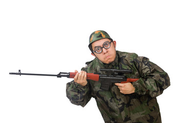 Military man with a gun isolated on white