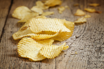 Rippled potato chips, selective focus