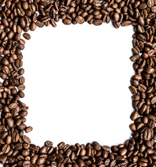 Frame of coffee beans on white background