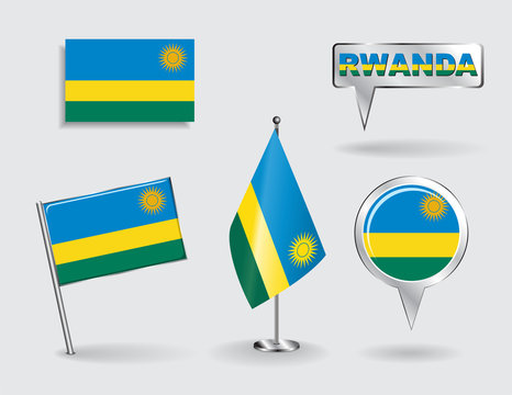 Set of Rwandan pin, icon and map pointer flags. Vector