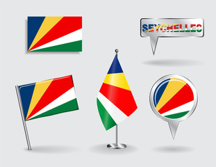 Set of Seychelles pin, icon and map pointer flags. Vector