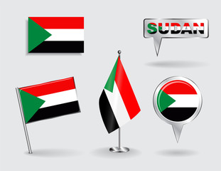 Set of Sudanese pin, icon and map pointer flags. Vector