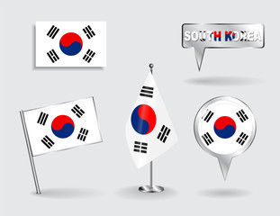 Set of South Korean pin, icon and map pointer flags. Vector