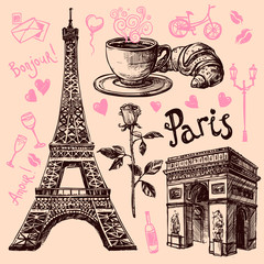 Fototapeta na wymiar Paris hand drawn symbols set