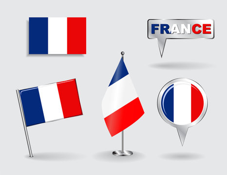 Set of French pin, icon and map pointer flags. Vector