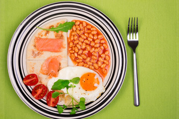 Breakfast plate with fried egg, potato scones and smoked salmon