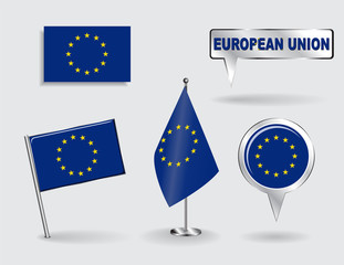 Set of European Union pin, icon and map pointer flags. Vector
