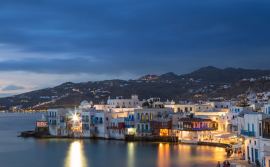 Fototapeta na wymiar Little Venice of Mykonos town at blue hour, Greece