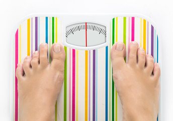Feet on bathroom scale with clean dial with lines no numbers
