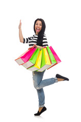 Woman with shopping bags isolated on white