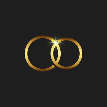 Wedding gold rings icon, mockup invitations card black background