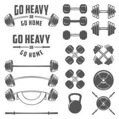 Set of vintage gym equipment, quotes and design elements