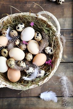Fresh farm eggs in a basket