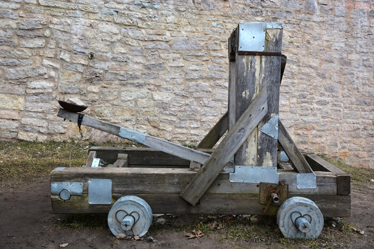 Wooden catapult at the ancient Russia Izborsk fortress