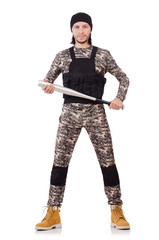 Young man in military uniform isolated on white