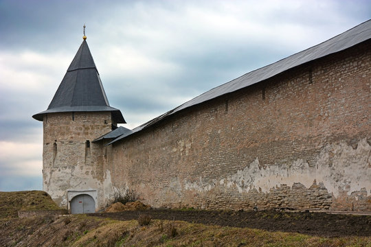 The fortress of the Pechorsky monastery, located near Pskov city, Russia