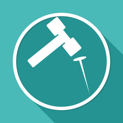 Icon hammer and nail on white circle with a long shadow