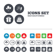 Birthday party icons. Cake and gift box symbol