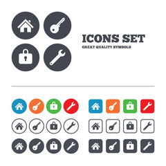 Home key icon. Wrench service tool symbol.
