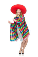 Pretty girl in mexican poncho isolated on white