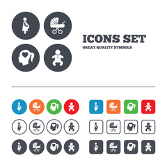 Maternity icons. Baby infant, pregnancy, buggy.