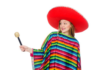 Pretty girl in mexican poncho singing isolated on white