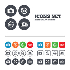 Photo camera icon. Flip turn or refresh signs.