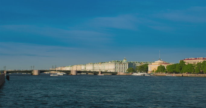 View Winter Palace in Saint Petersburg from Neva river. Russia. 4K. 4096x2160