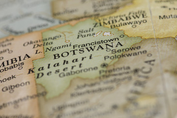 Macro of Botswana on a globe, narrow depth of field